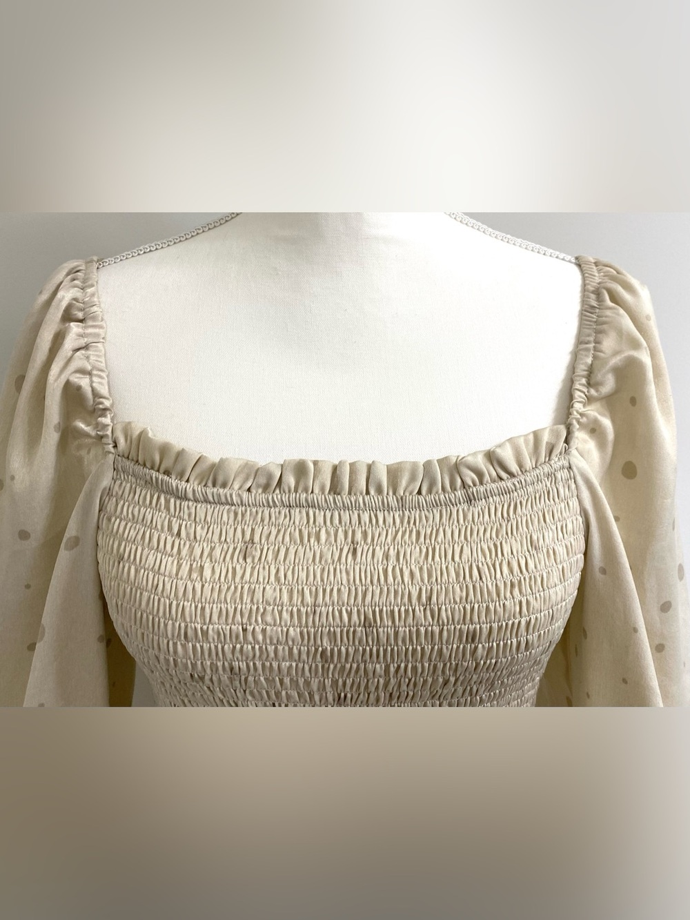 Mine Womens L Tan Polka Dot Satin Peplum Top Boho Fall Neutral Fairy Cottagecore - Picture 2 of 13